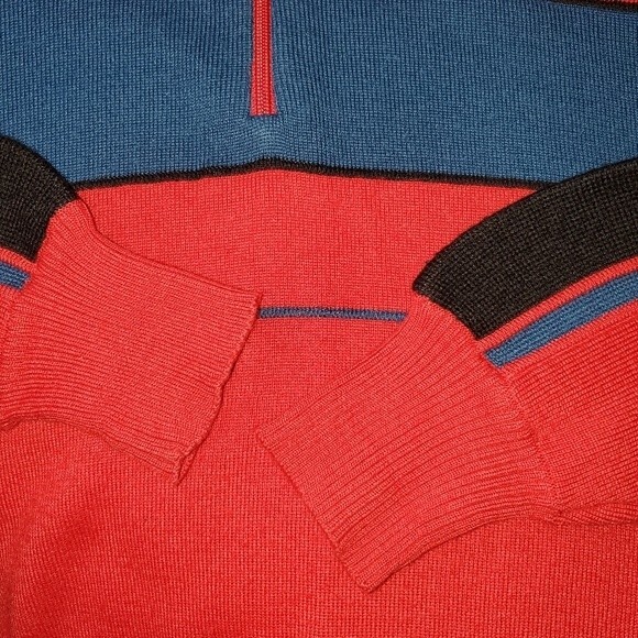 vintage 80s Meister 1/4 Zip Red Blue Black Mock Neck Wool Blend Ski Sweater M. - Picture 6 of 8